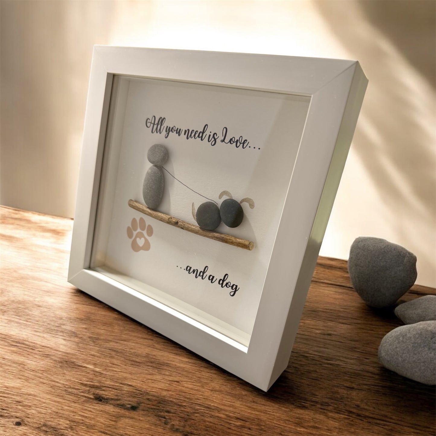 Handmade Framed Pebble Art – All You Need Is Love and a Dog