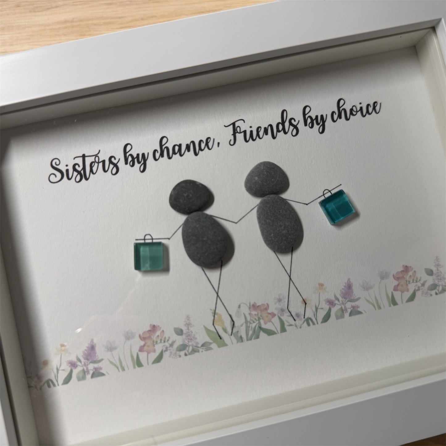 Handmade Framed Pebble Art – Sisters by Chance, Friends by Choice