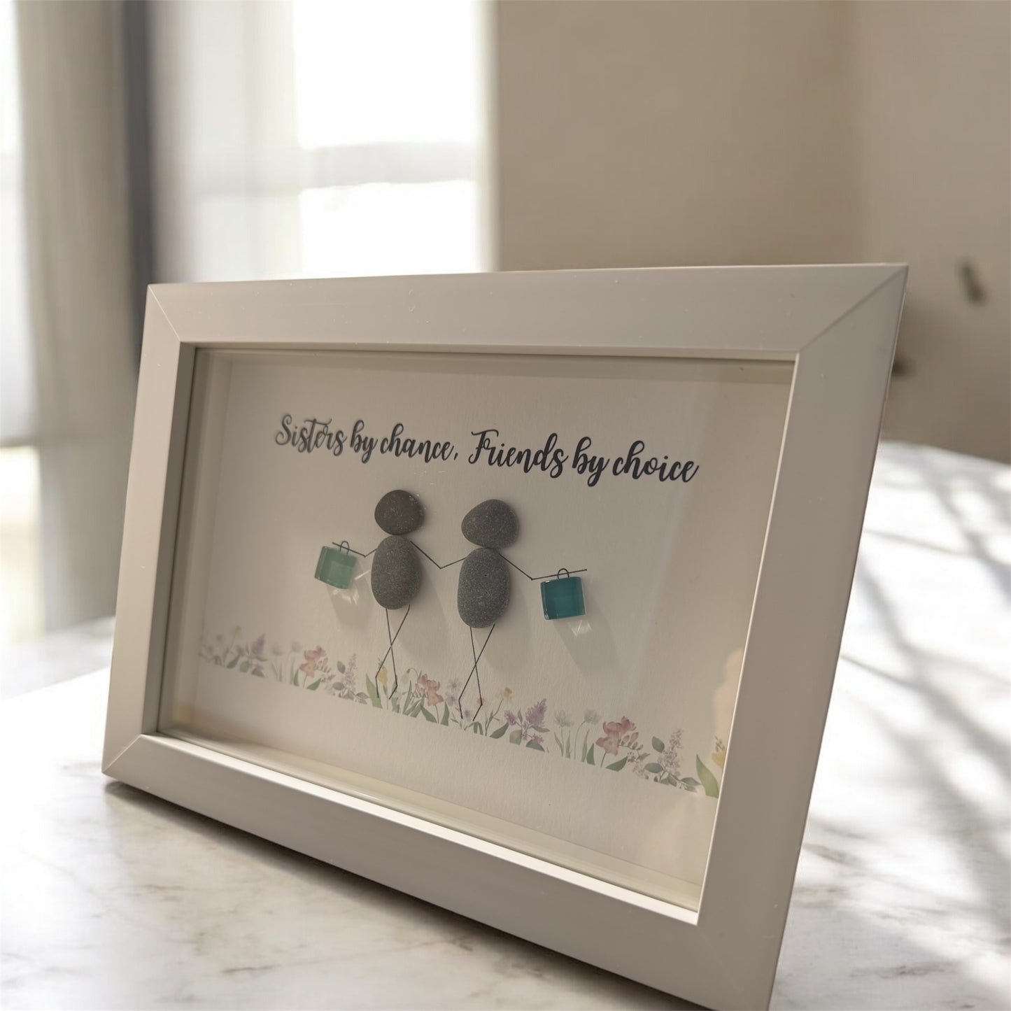 Handmade Framed Pebble Art – Sisters by Chance, Friends by Choice