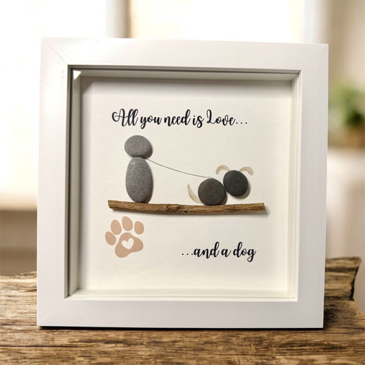 Handmade Framed Pebble Art – All You Need Is Love and a Dog