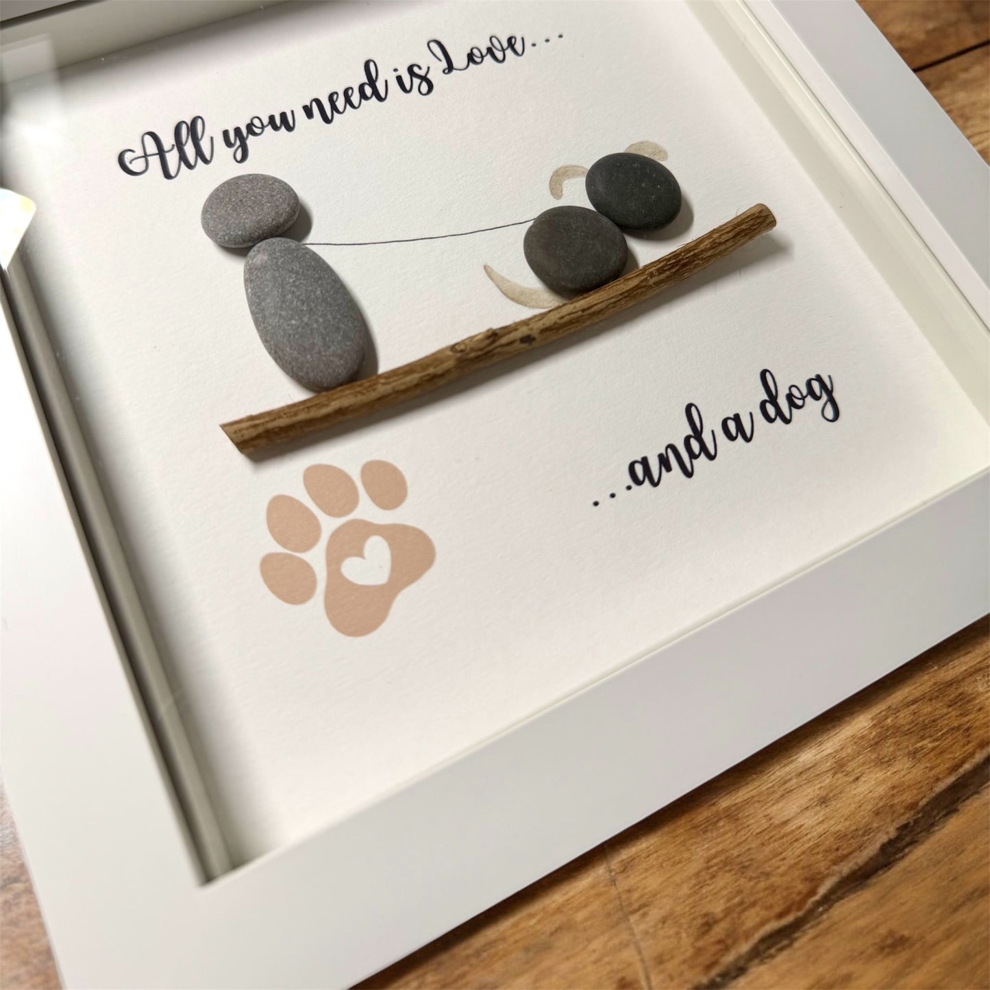 Handmade Framed Pebble Art – All You Need Is Love and a Dog