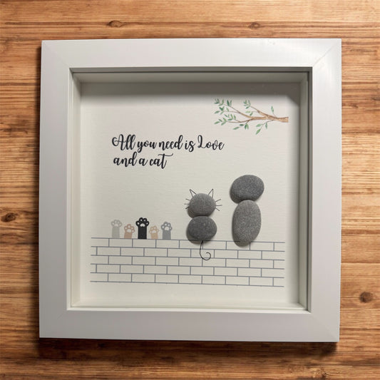 Handmade Framed Pebble Art – All You Need Is Love and a Cat