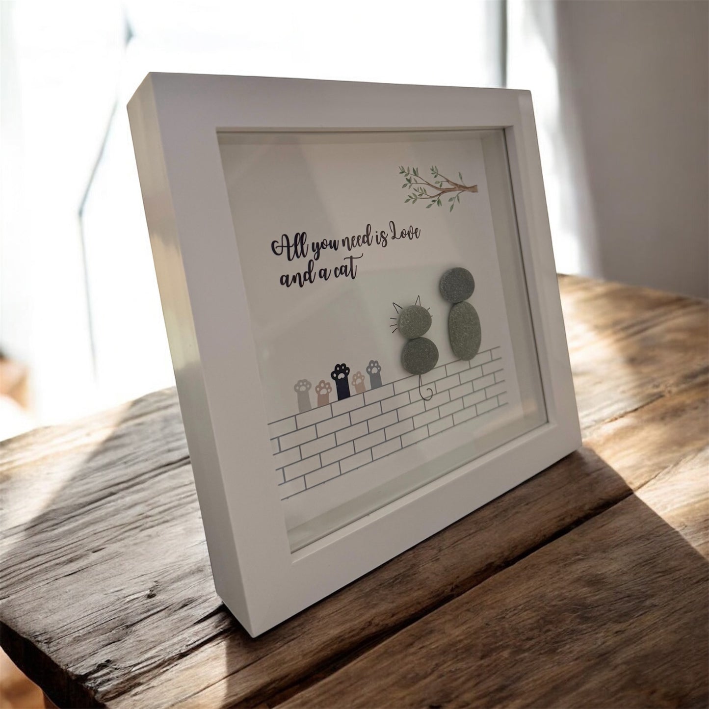 Handmade Framed Pebble Art – All You Need Is Love and a Cat
