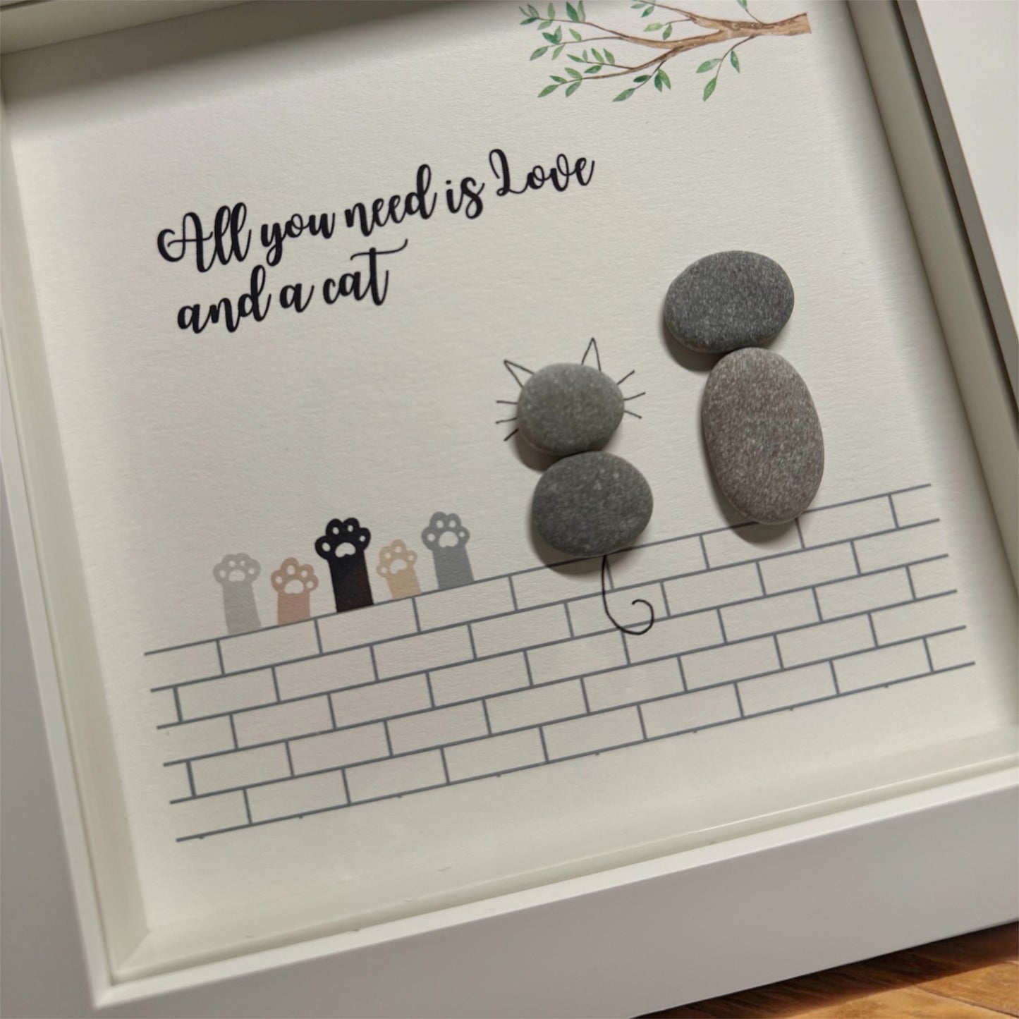 Handmade Framed Pebble Art – All You Need Is Love and a Cat